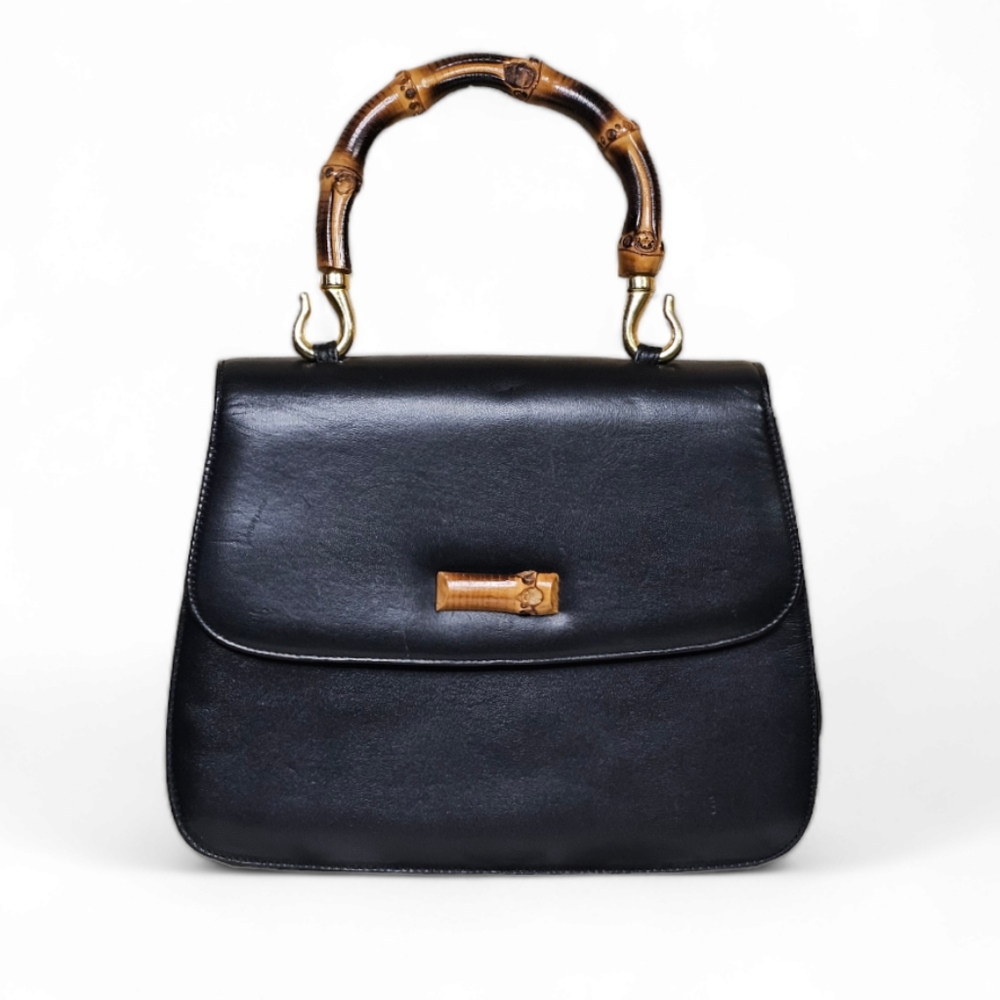 Susan Gail Vintage 70s Black Leather/Bamboo Handle Hand Bag